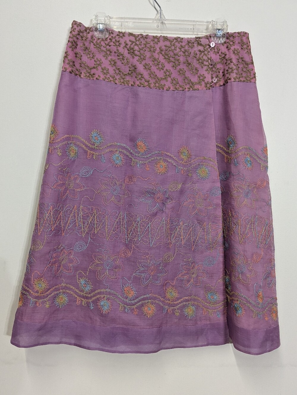 Marianne Kooimans Silk Embroidered Lavender A-Line Wrap Midi Skirt L Low Hip